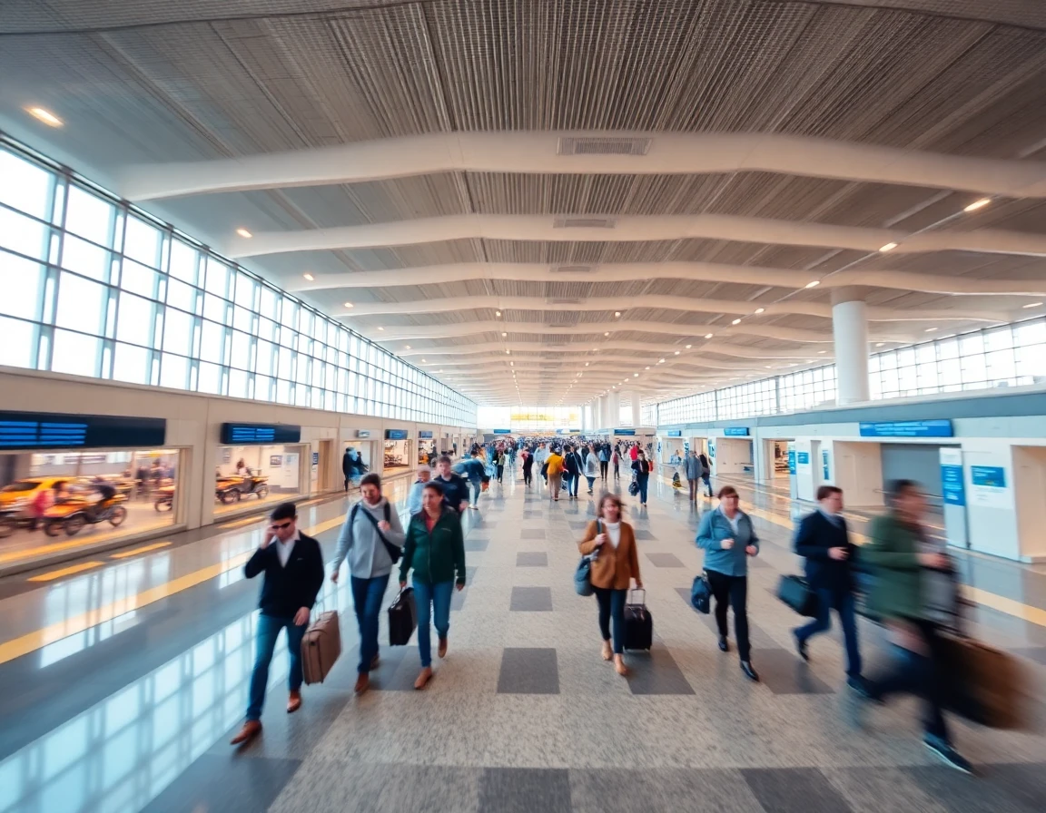 International airport terminal with travelers walking, motion blur, wide angle a