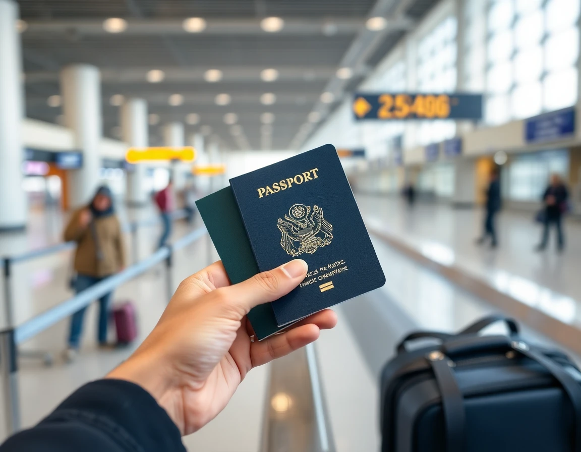 Hands holding open passport at airport check-in counter, close-up, professional 