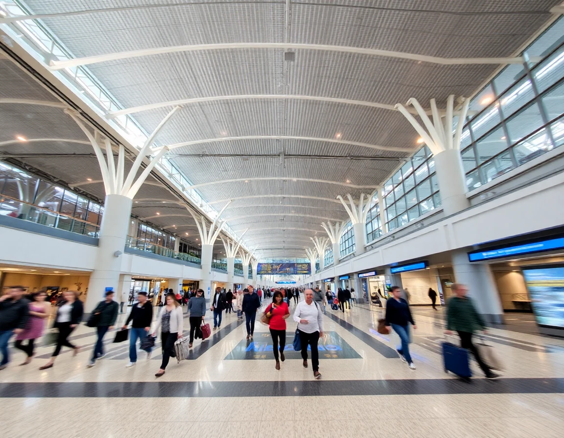 International airport terminal with travelers walking, motion blur, wide angle a