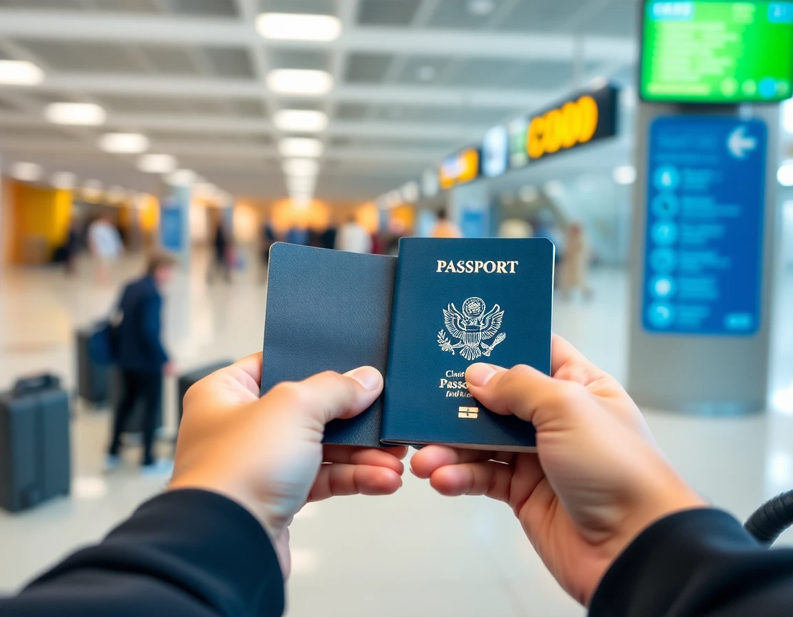 Hands holding open passport at airport check-in counter, close-up, professional 