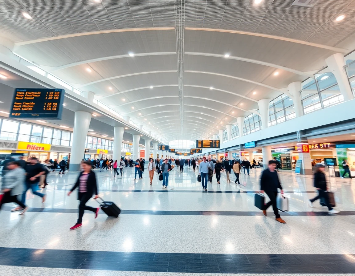 International airport terminal with travelers walking, motion blur, wide angle a
