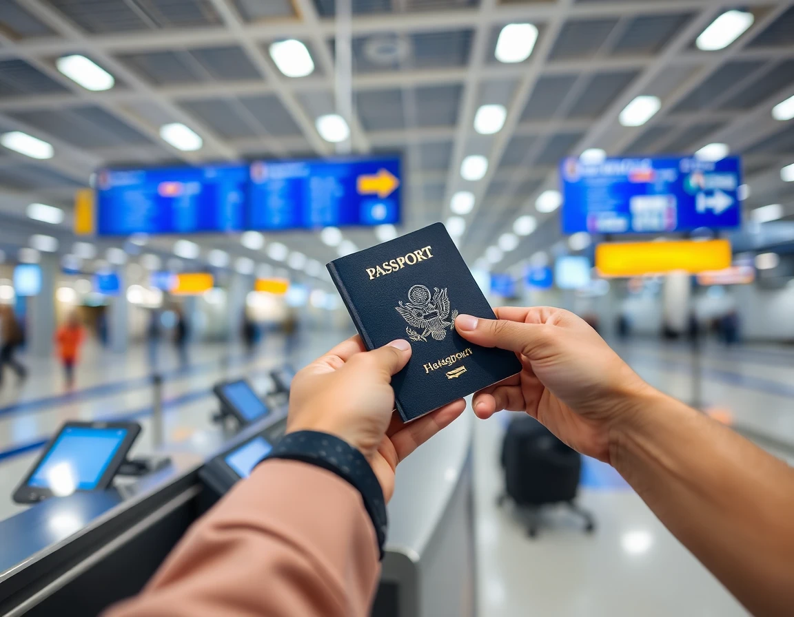 Hands holding open passport at airport check-in counter, close-up, professional 