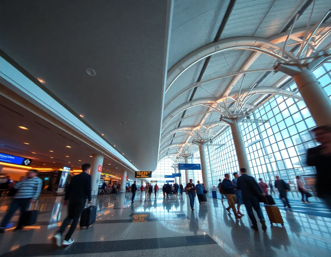 International airport terminal with travelers walking, motion blur, wide angle a