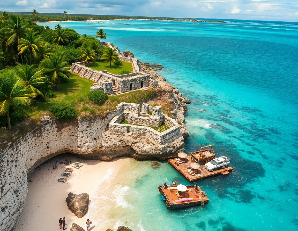 Tulum beach Mayan ruins on cliff overlooking turquoise sea, professional landsca