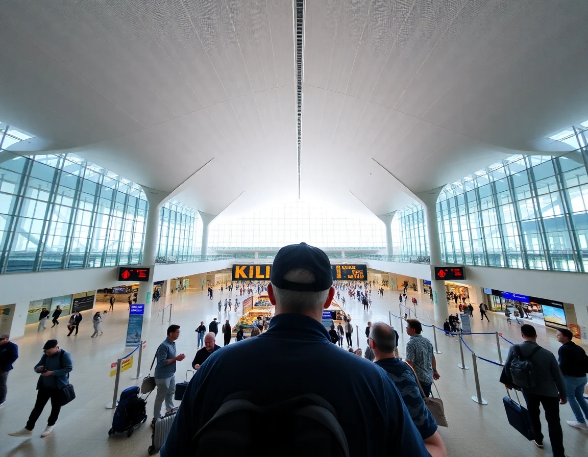 KLIA airport terminal modern interior with travelers, wide angle architectural