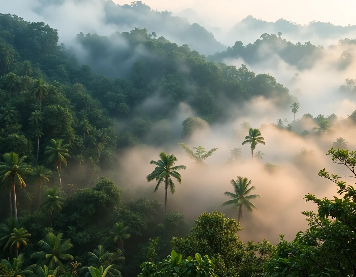 Malaysia Borneo rainforest with morning mist, professional landscape photography