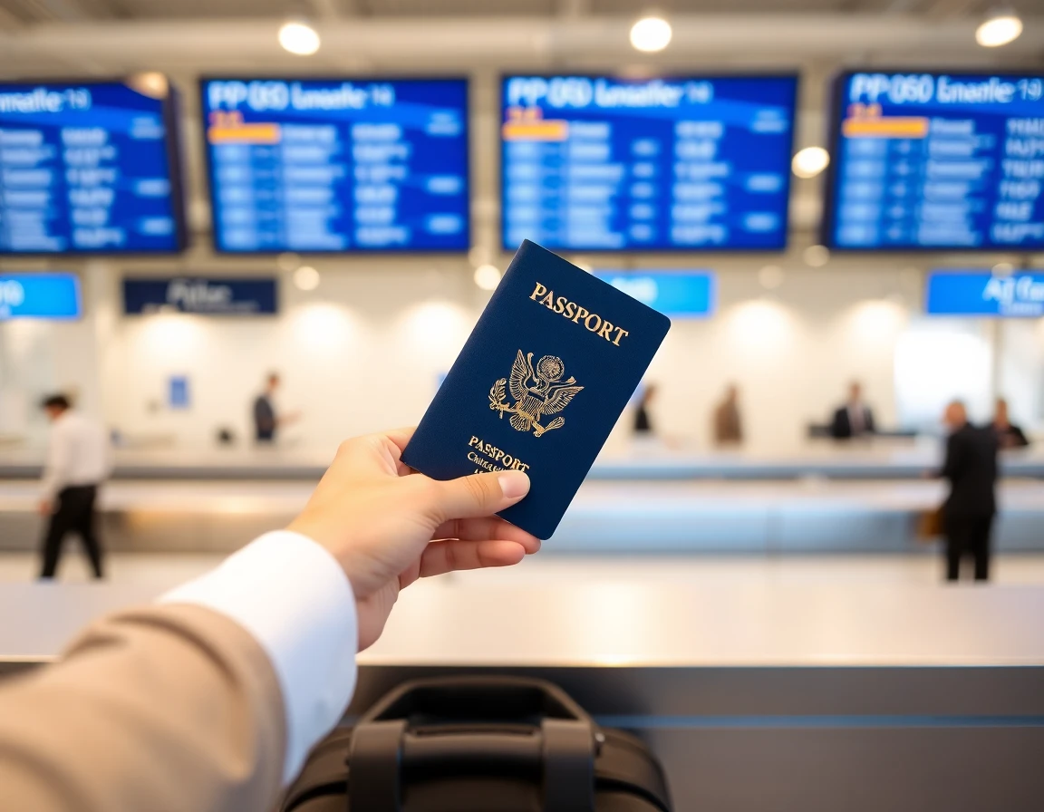 Hands holding open passport at airport check-in counter, close-up, professional 
