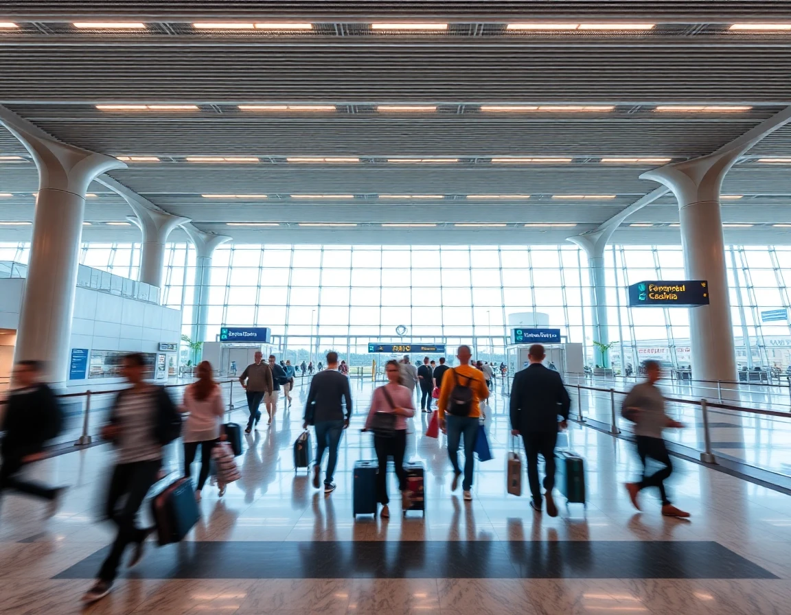 International airport terminal with travelers walking, motion blur, wide angle a