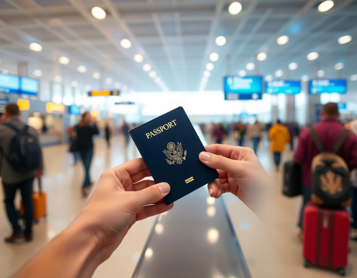 Hands holding open passport at airport check-in counter, close-up, professional 