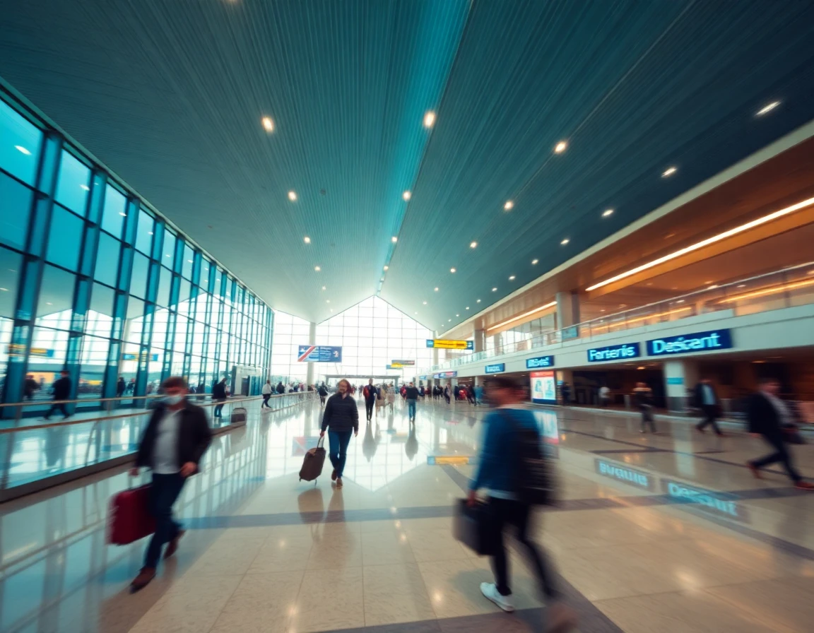 International airport terminal with travelers walking, motion blur, wide angle a