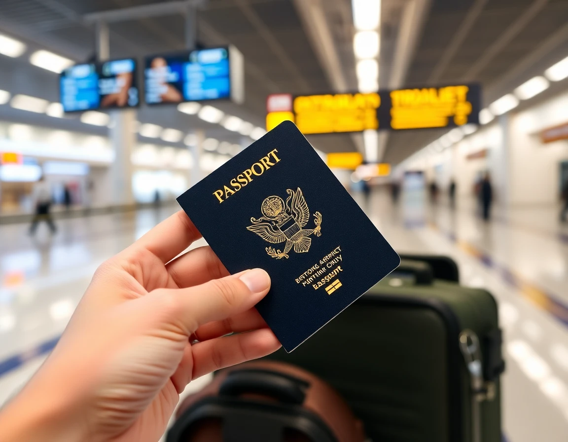 Hands holding open passport at airport check-in counter, close-up, professional 