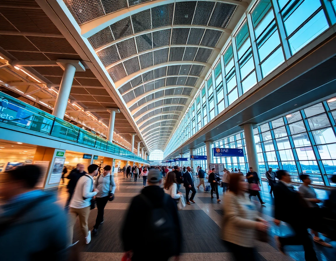 International airport terminal with travelers walking, motion blur, wide angle a