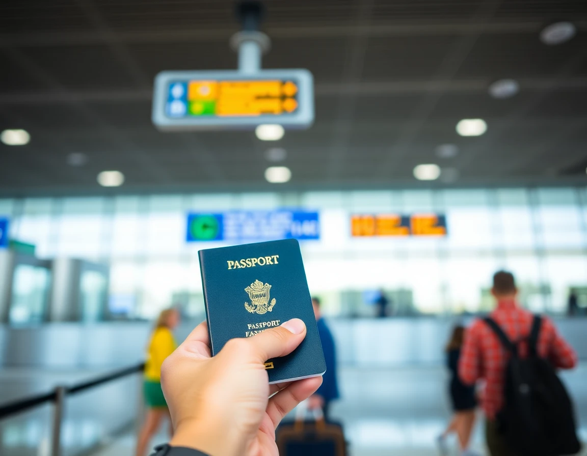 Hands holding open passport at airport check-in counter, close-up, professional 