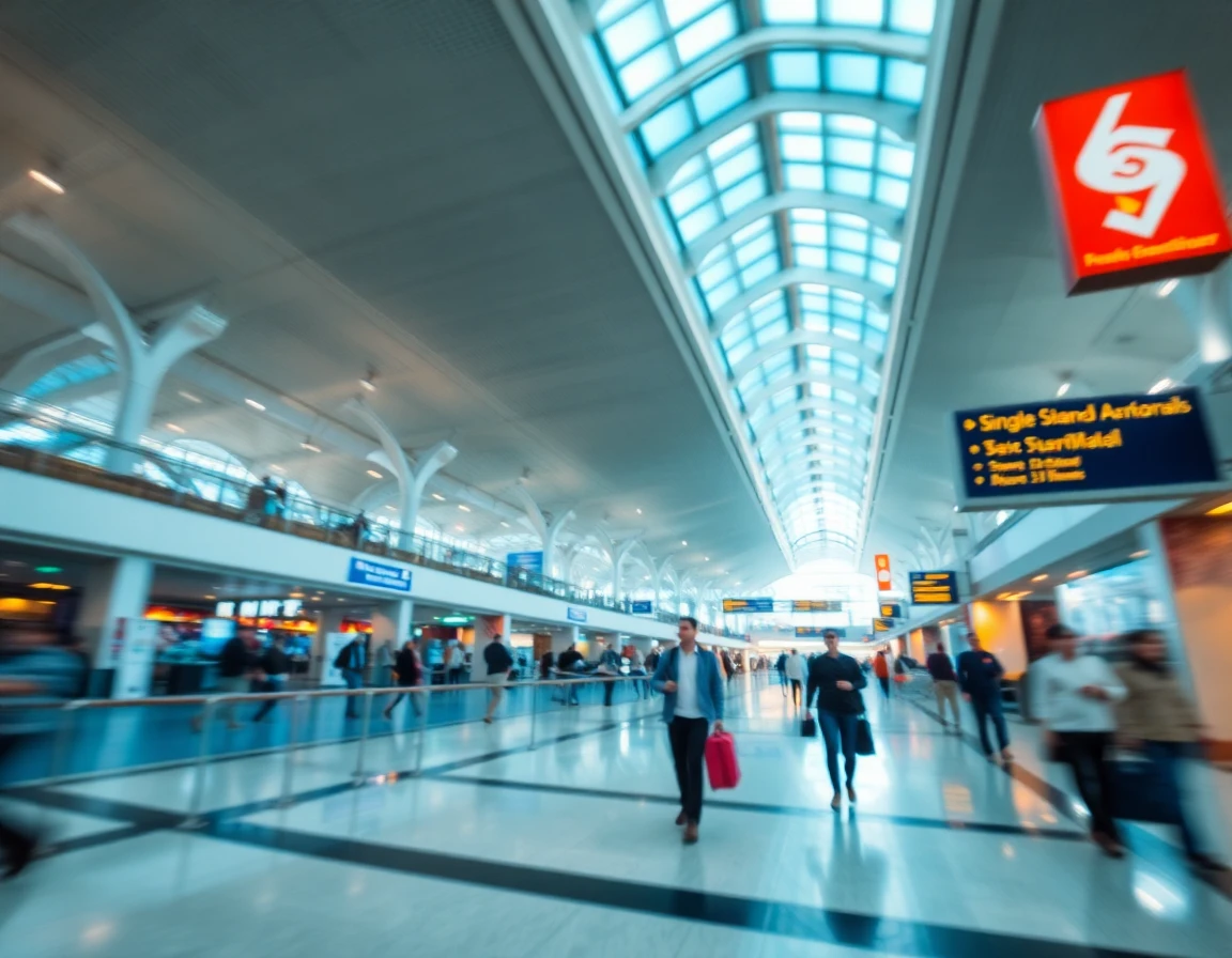 International airport terminal with travelers walking, motion blur, wide angle a
