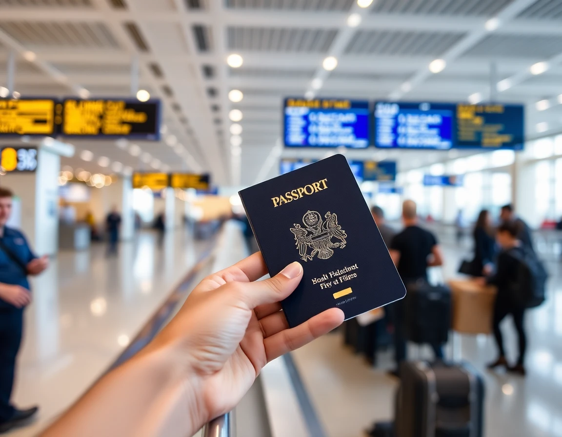 Hands holding open passport at airport check-in counter, close-up, professional 