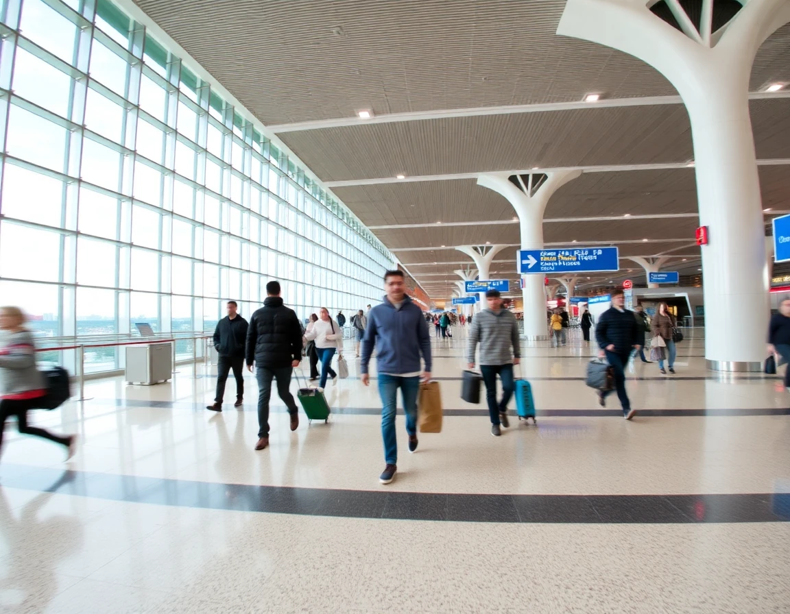 International airport terminal with travelers walking, motion blur, wide angle a