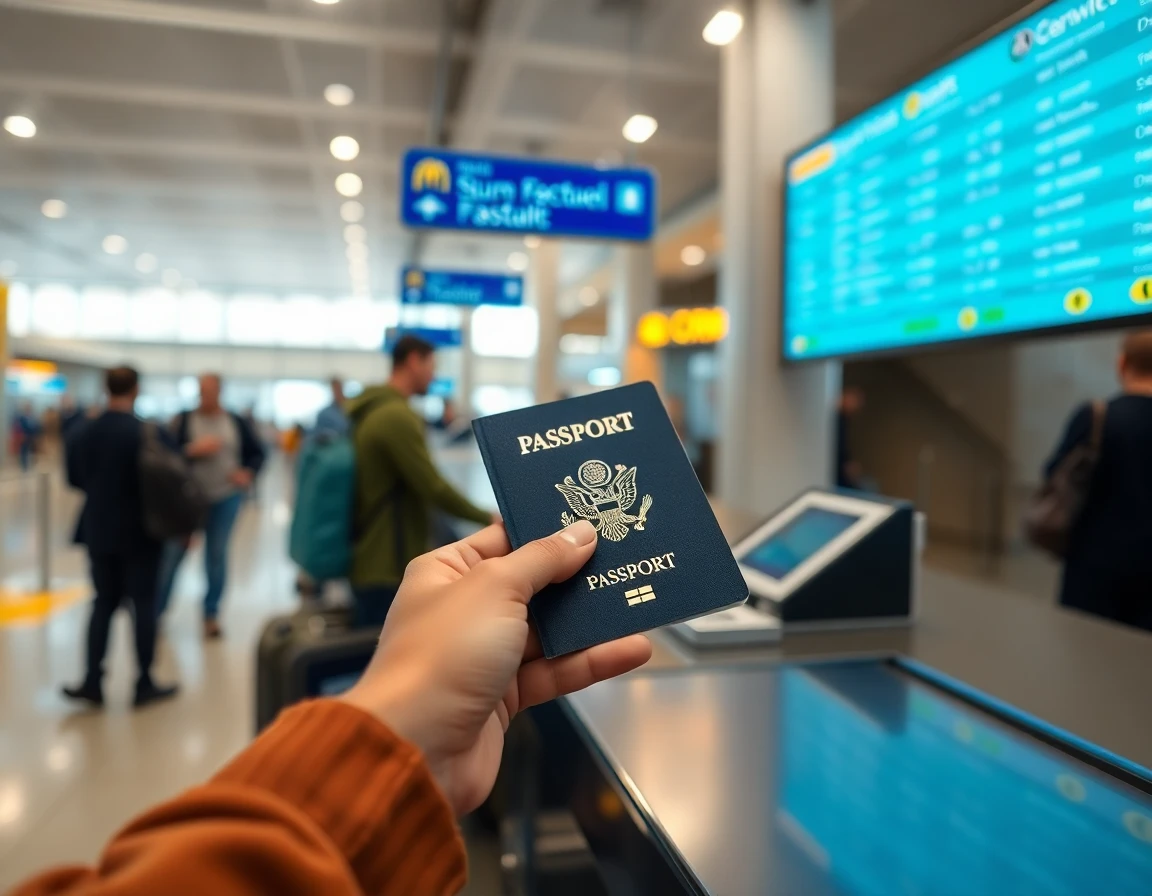 Hands holding open passport at airport check-in counter, close-up, professional 