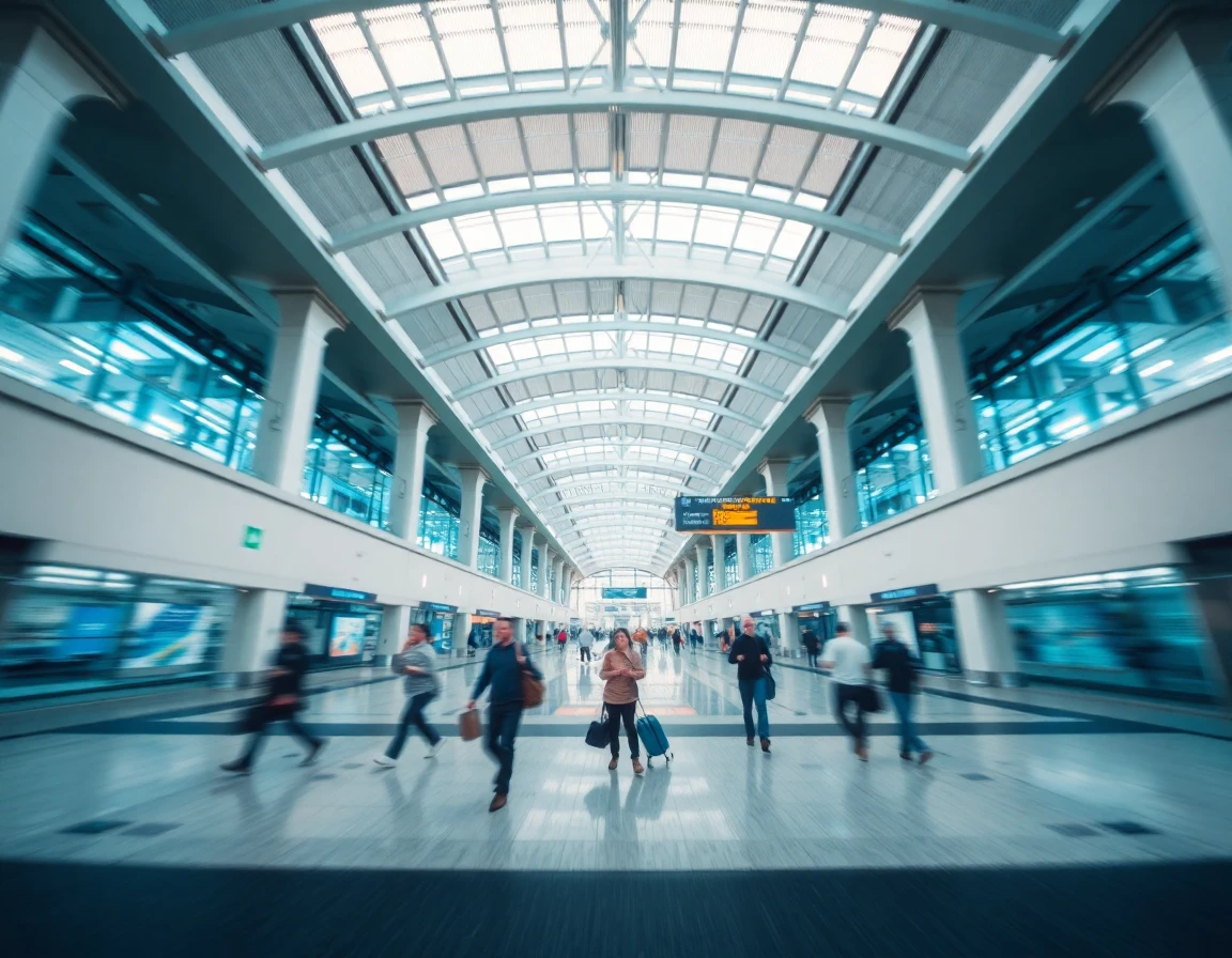 International airport terminal with travelers walking, motion blur, wide angle a
