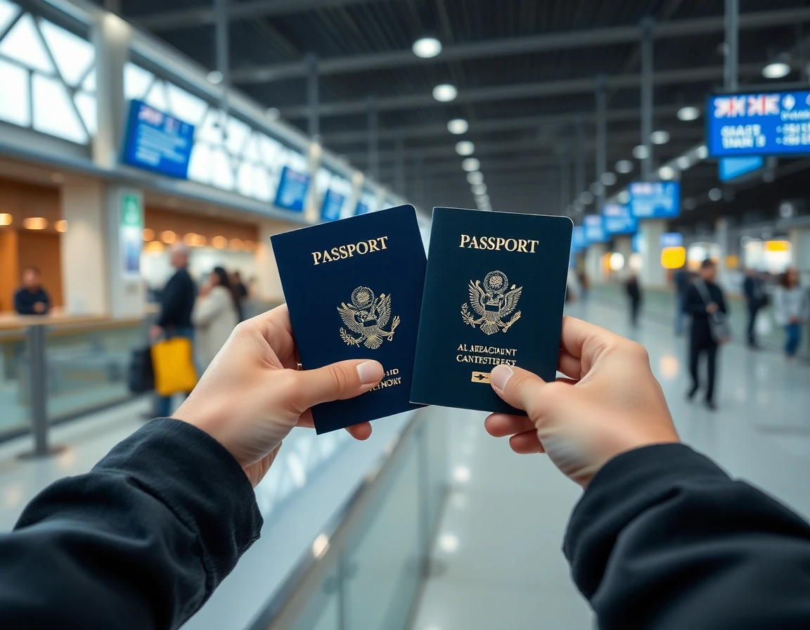 Hands holding open passport at airport check-in counter, close-up, professional 