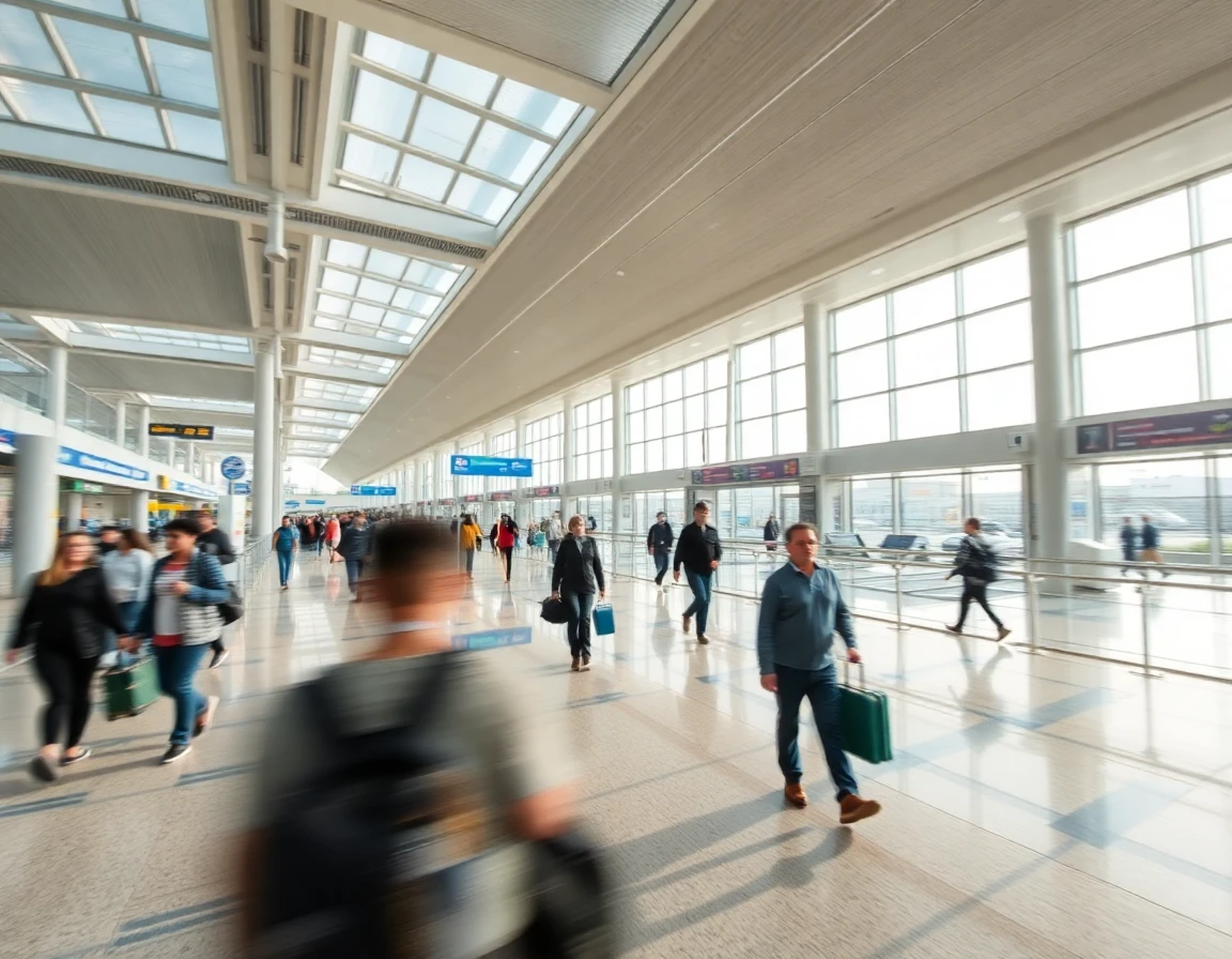 International airport terminal with travelers walking, motion blur, wide angle a