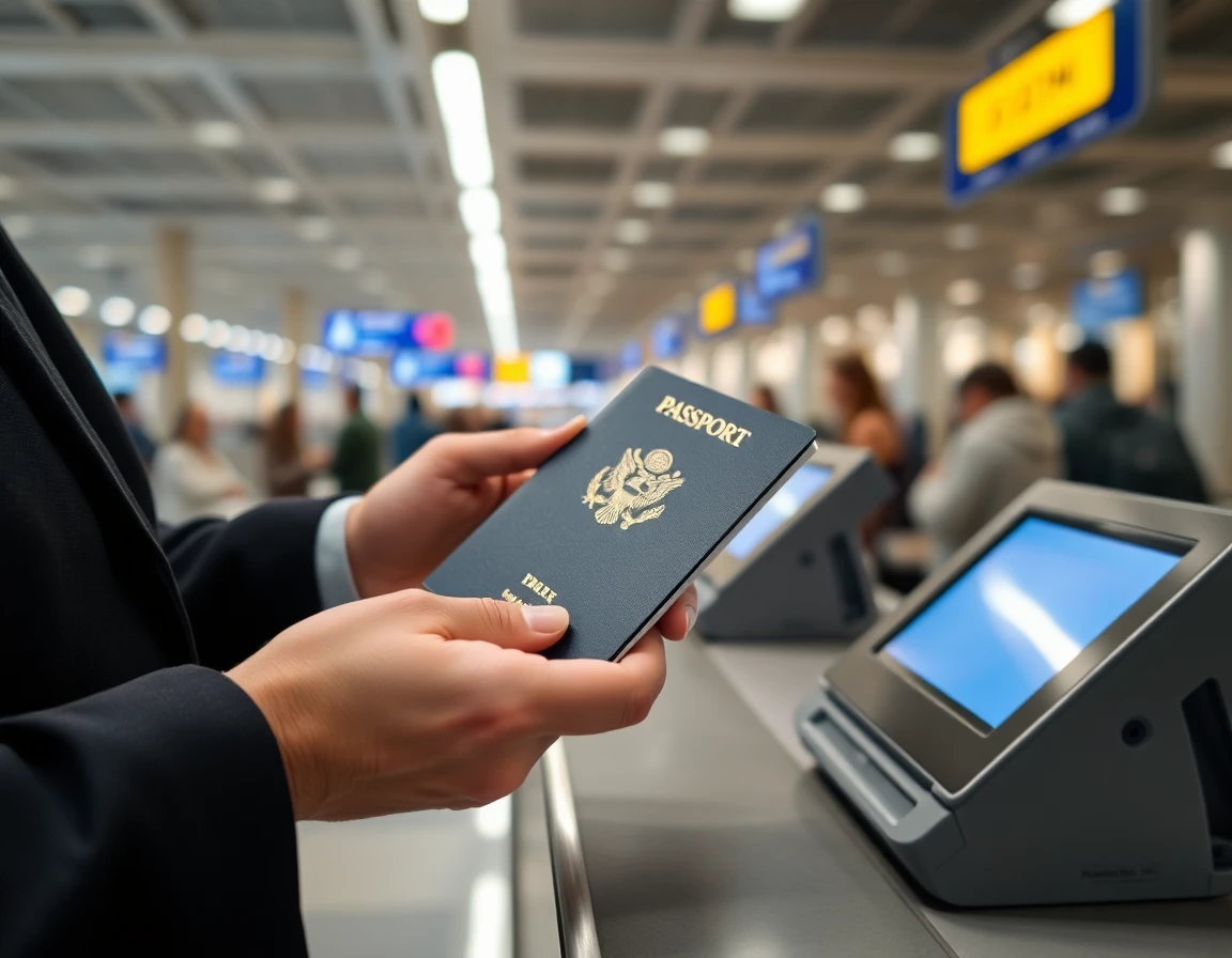 Hands holding open passport at airport check-in counter, close-up, professional 