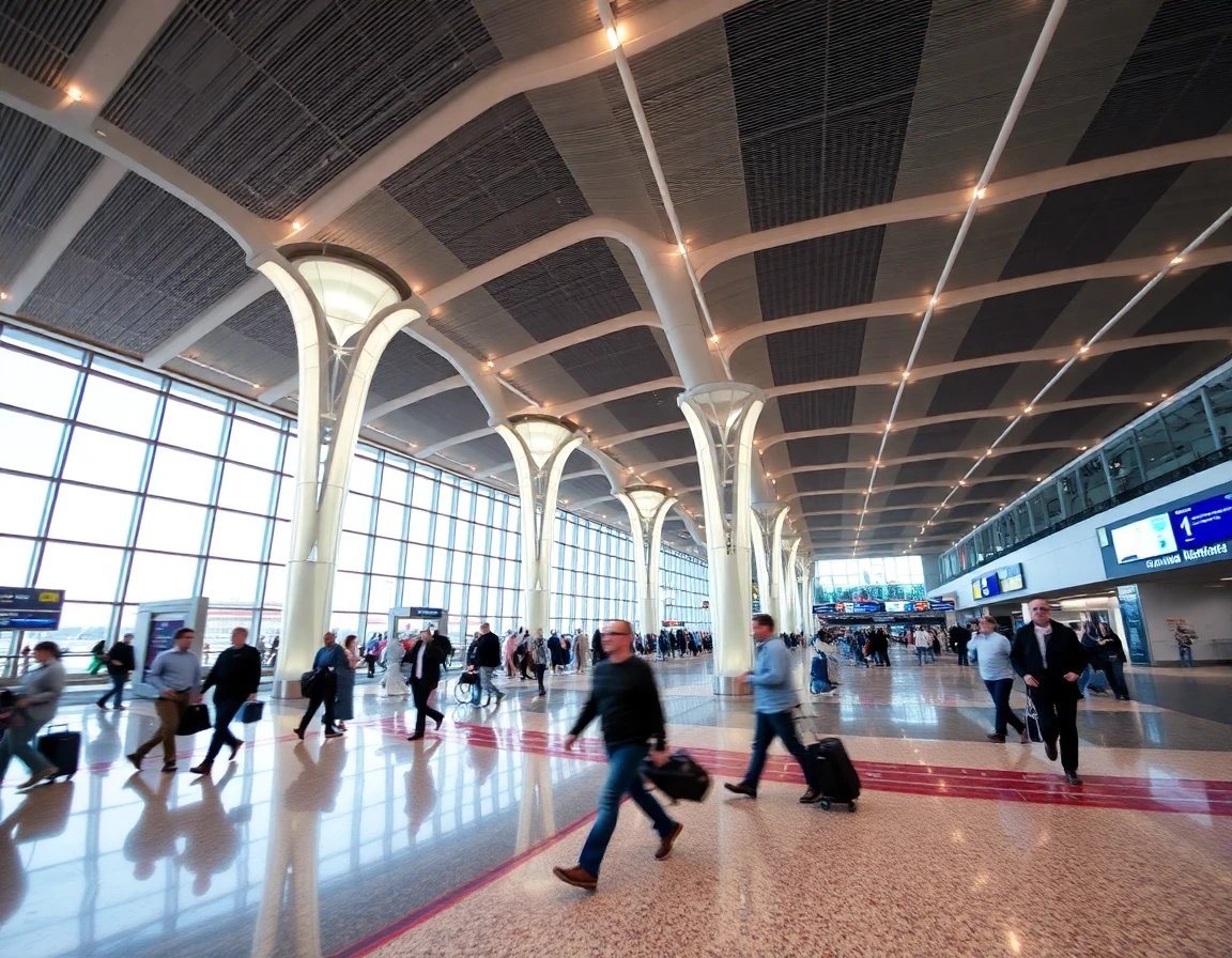 International airport terminal with travelers walking, motion blur, wide angle a