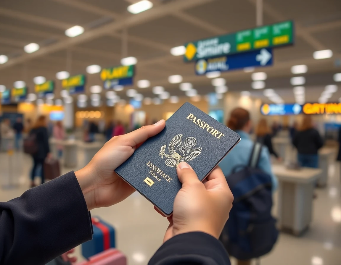 Hands holding open passport at airport check-in counter, close-up, professional 