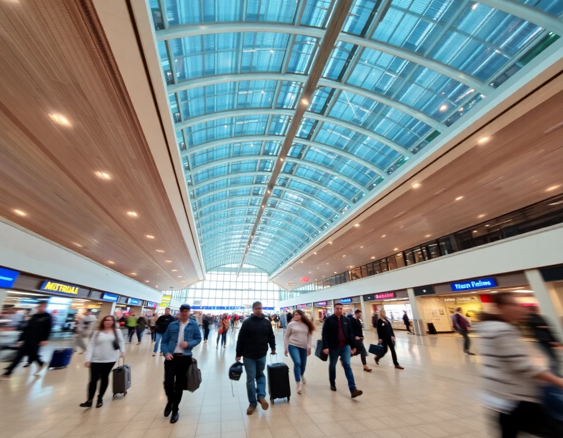 International airport terminal with travelers walking, motion blur, wide angle a
