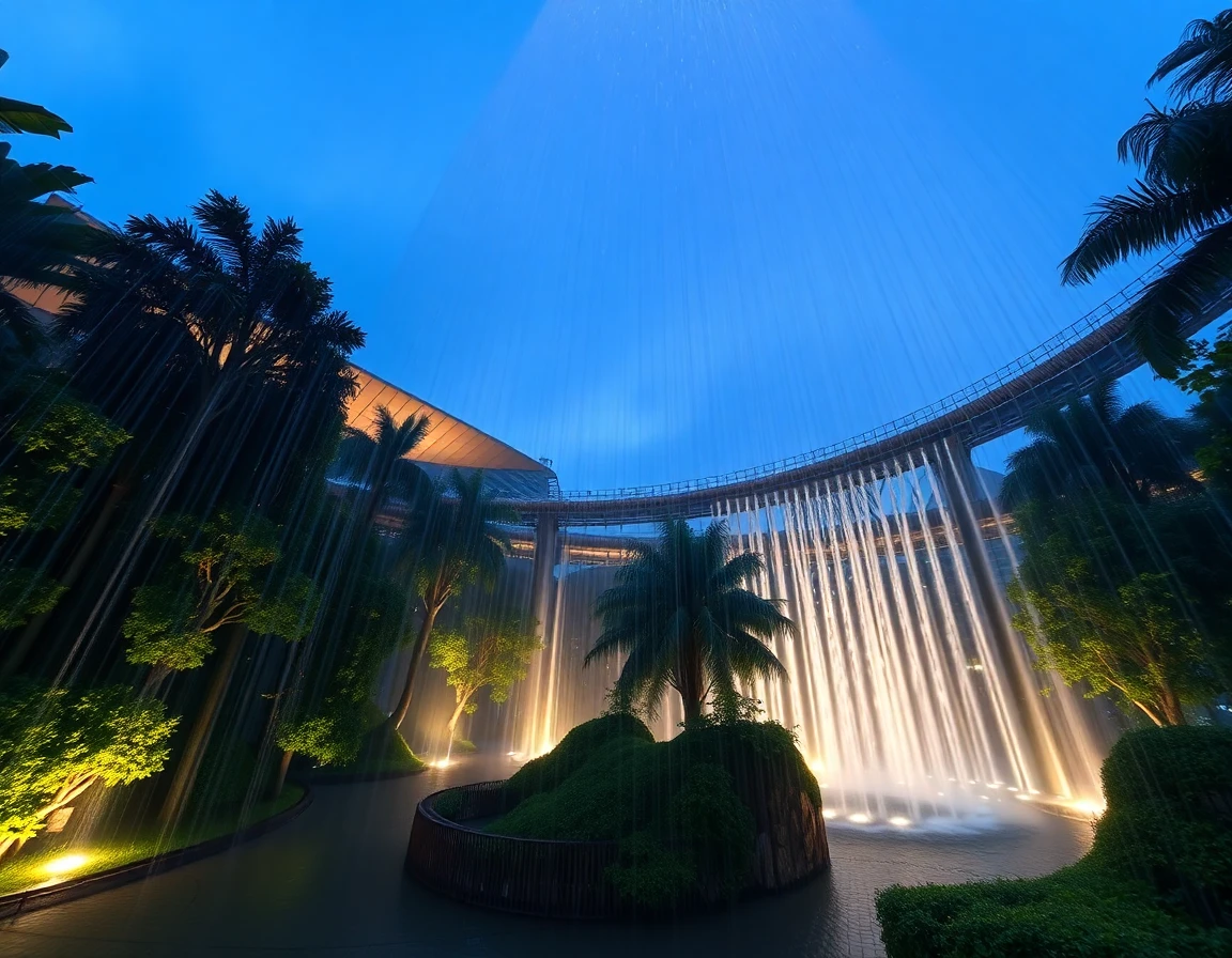 Singapore Changi Airport Jewel rain vortex waterfall with trees, wide angle arch