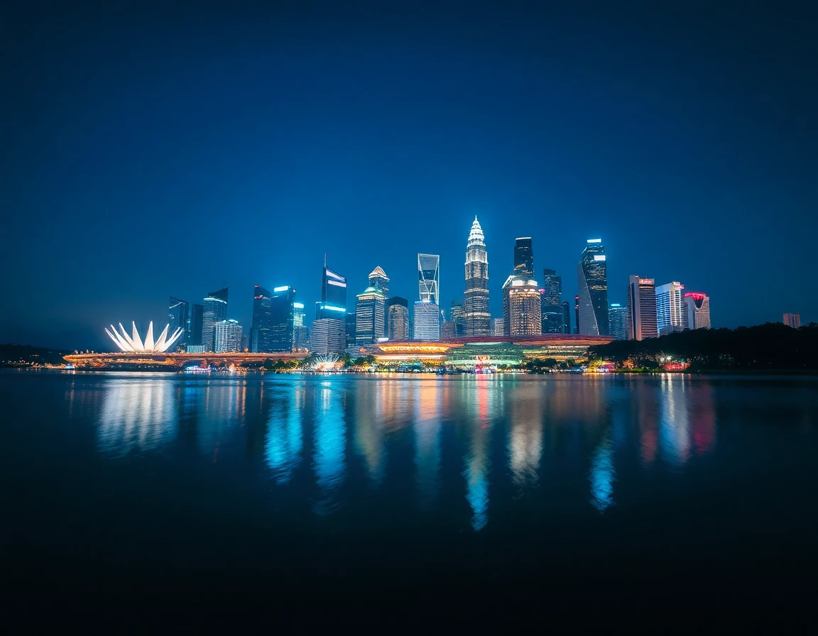 Singapore skyline at blue hour with reflections, cinematic landscape photography