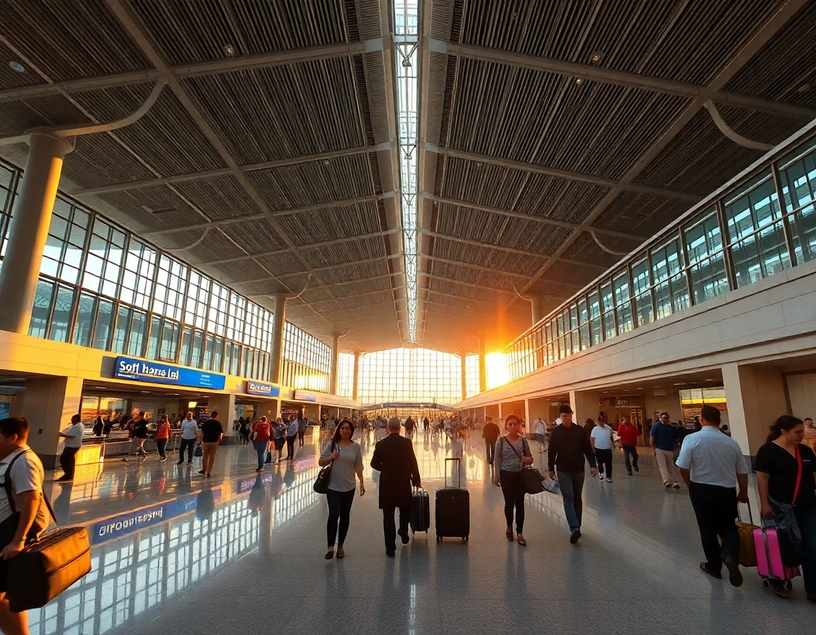 Suvarnabhumi airport terminal interior with travelers, wide angle architectural
