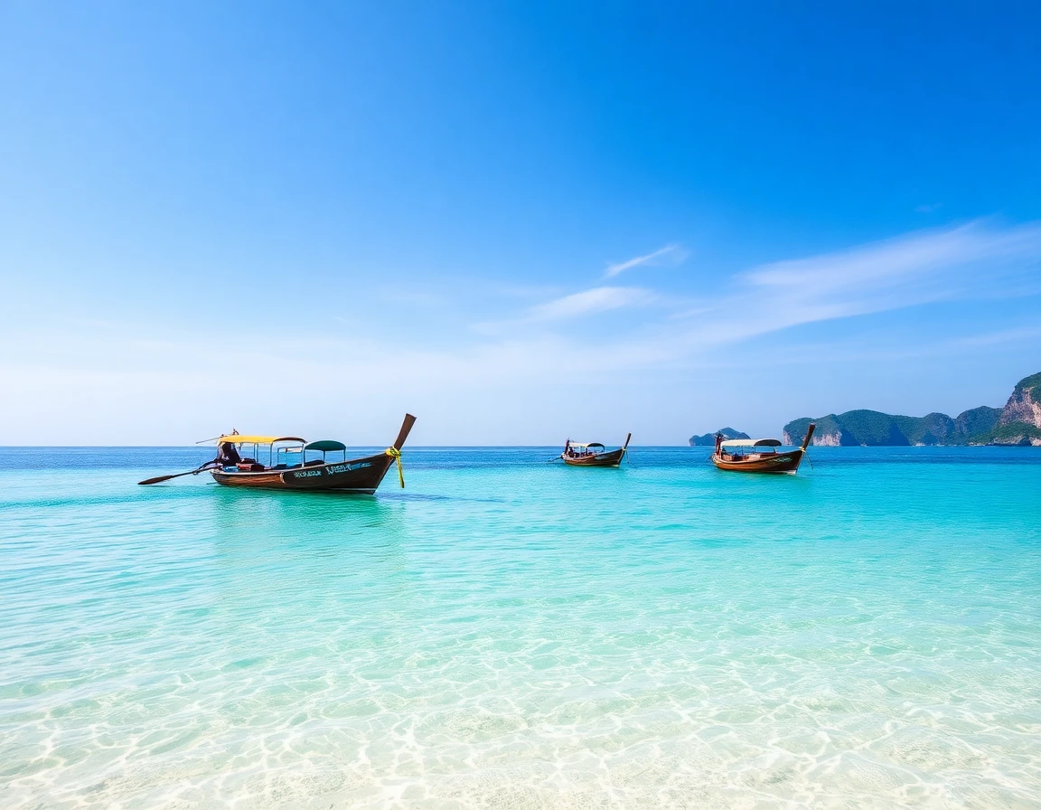 Phuket beach with longtail boats and crystal clear water, professional travel ph