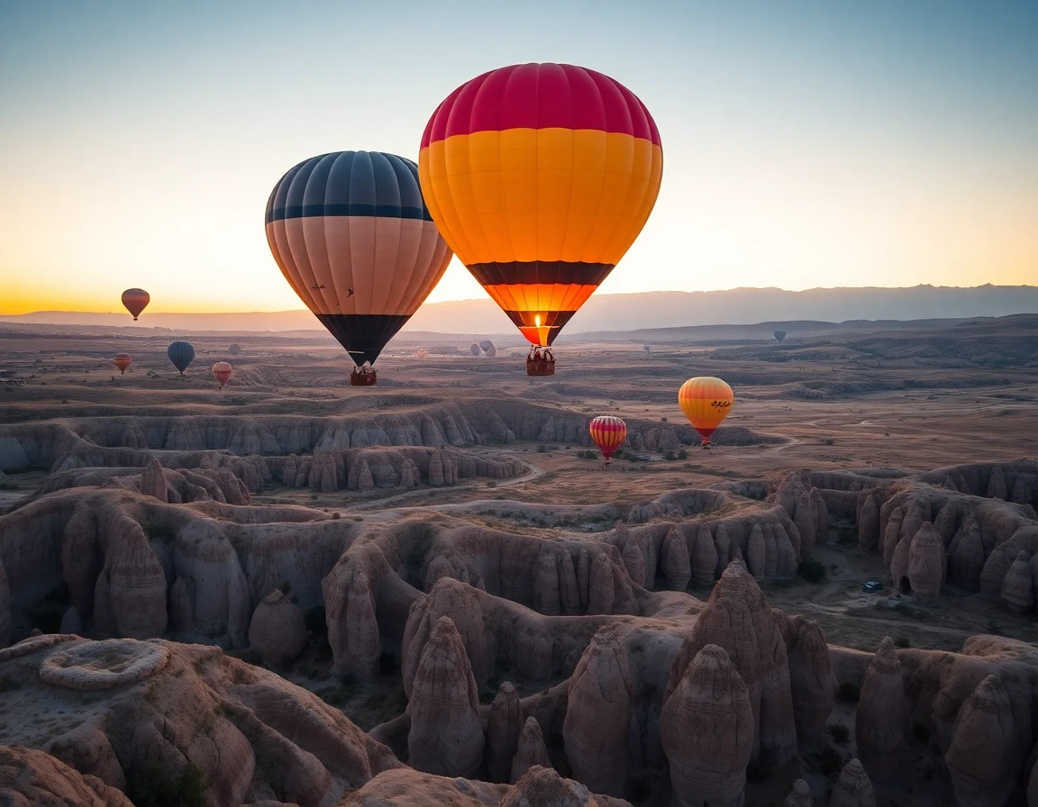 Cappadocia hot air balloons over fairy chimneys at sunrise, professional landsca