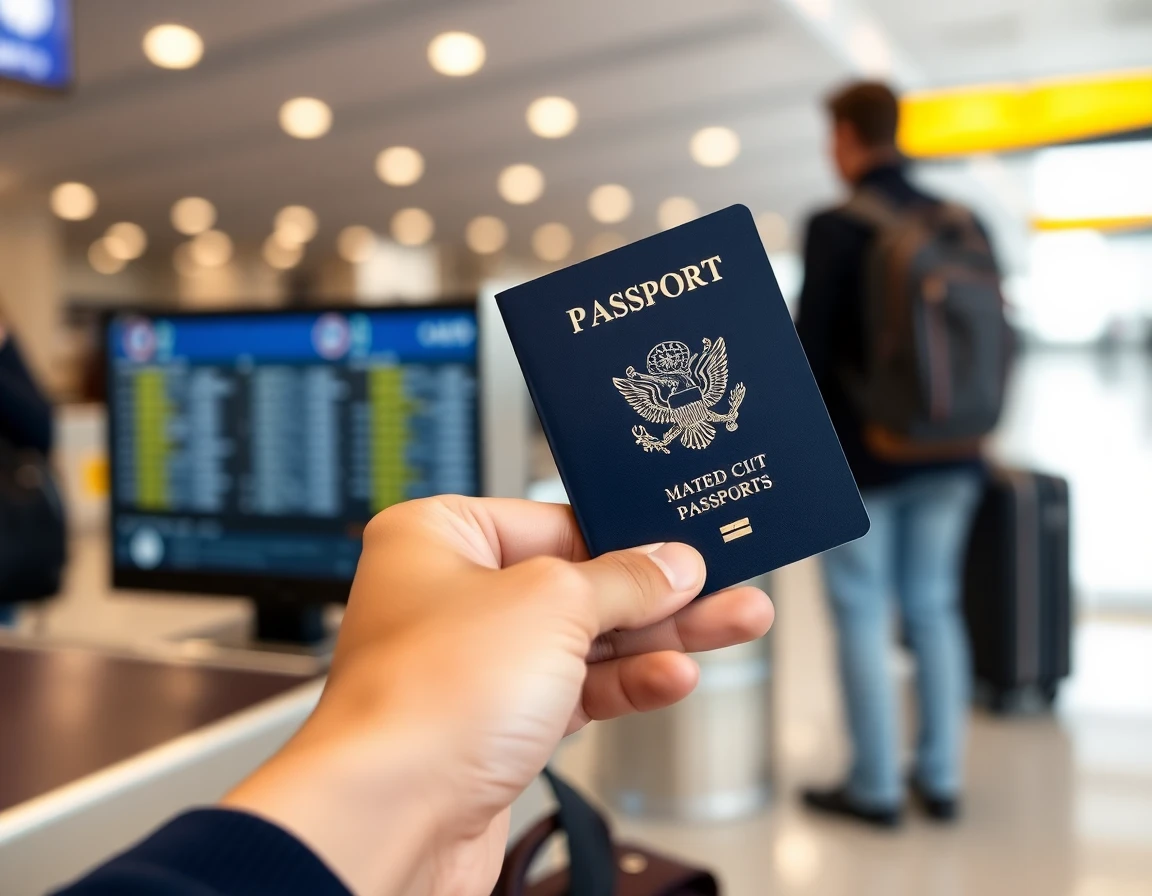 Hands holding open passport at airport check-in counter, close-up, professional 