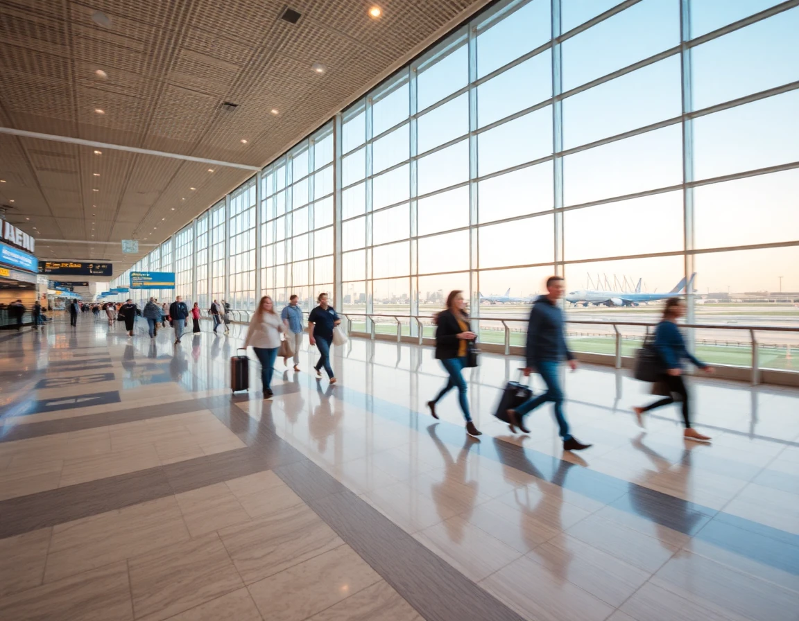International airport terminal with travelers walking, motion blur, wide angle a