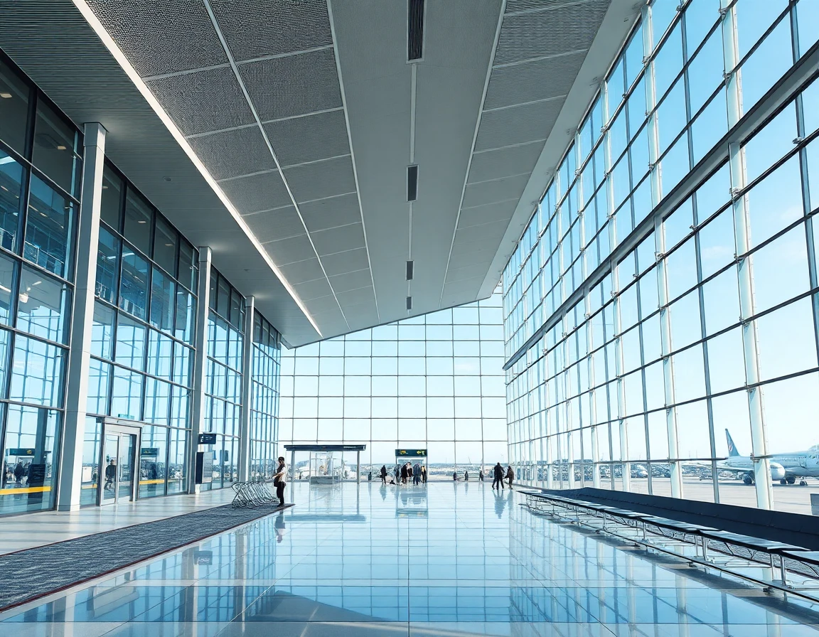 Modern American airport terminal with massive glass windows, wide angle architec