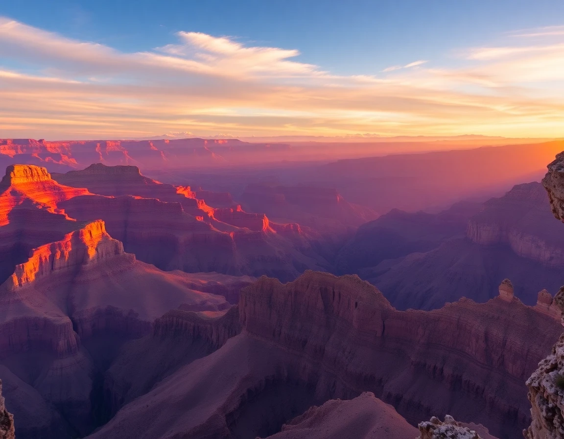 Grand Canyon at sunrise with dramatic light, professional landscape photography