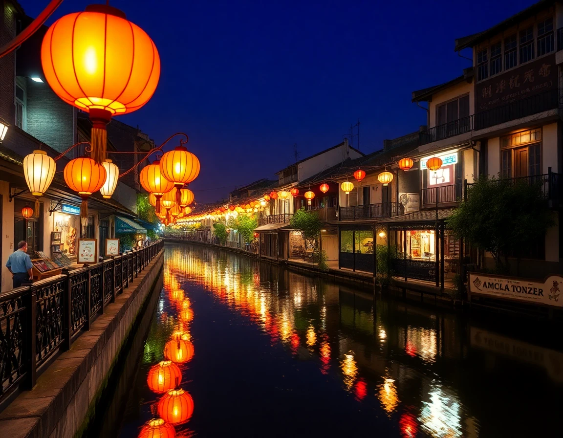 Hoi An ancient town lanterns at night with river reflection, professional citysc