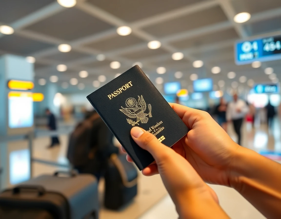 Hands holding open passport at airport check-in counter, close-up, professional 