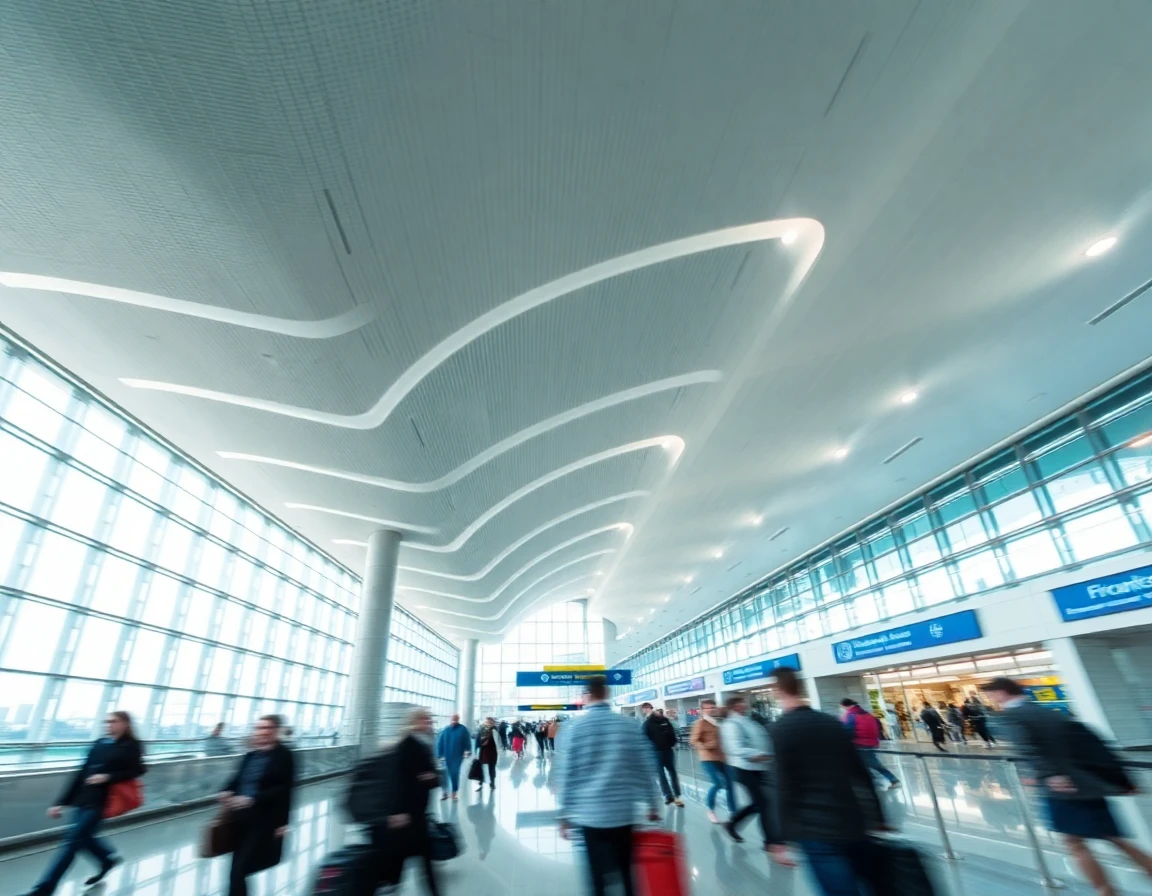 International airport terminal with travelers walking, motion blur, wide angle a
