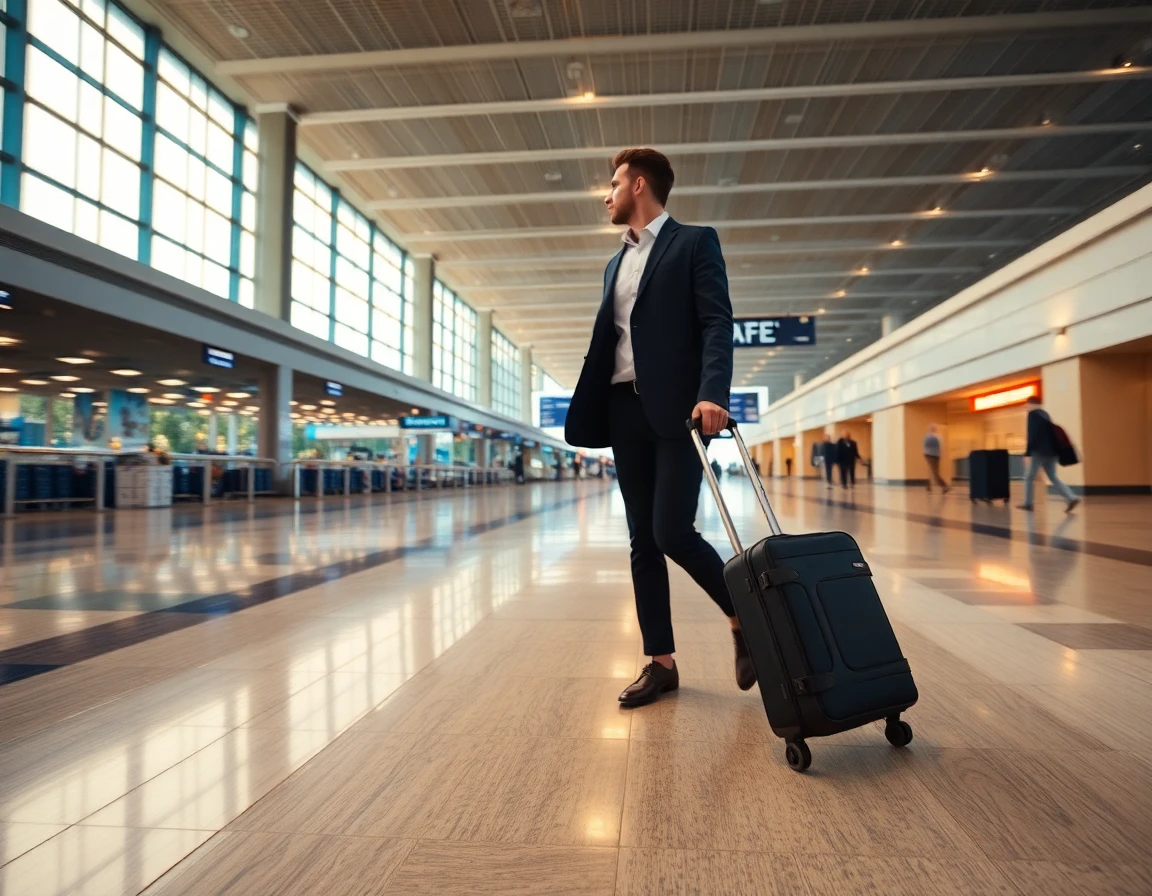 Business traveler walking through international airport terminal with rolling su