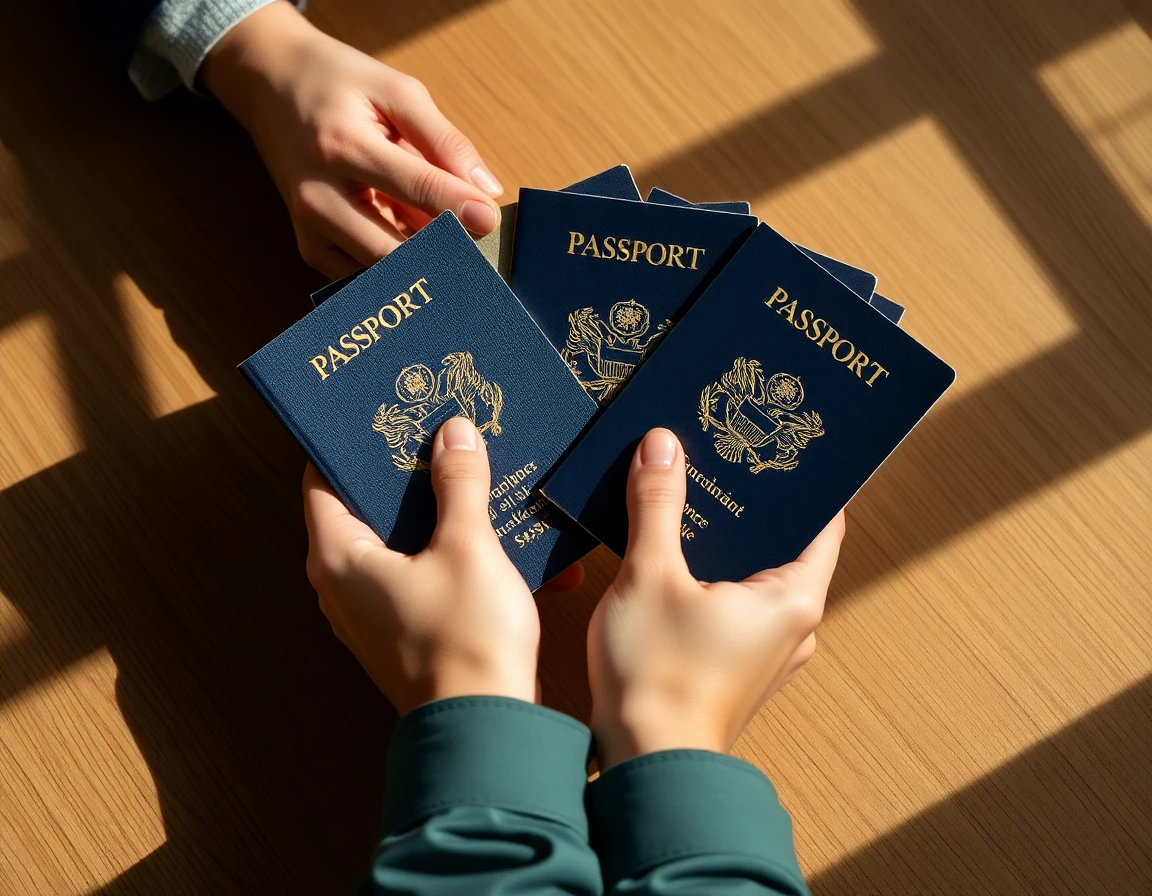 Close-up of hands holding several international passports on a wooden table, nat